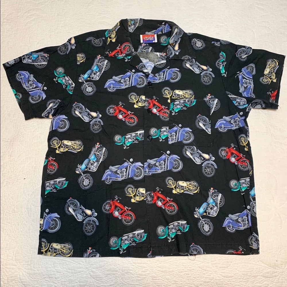 Vintage Short Sleeve Button Up Motorcycle Pattern